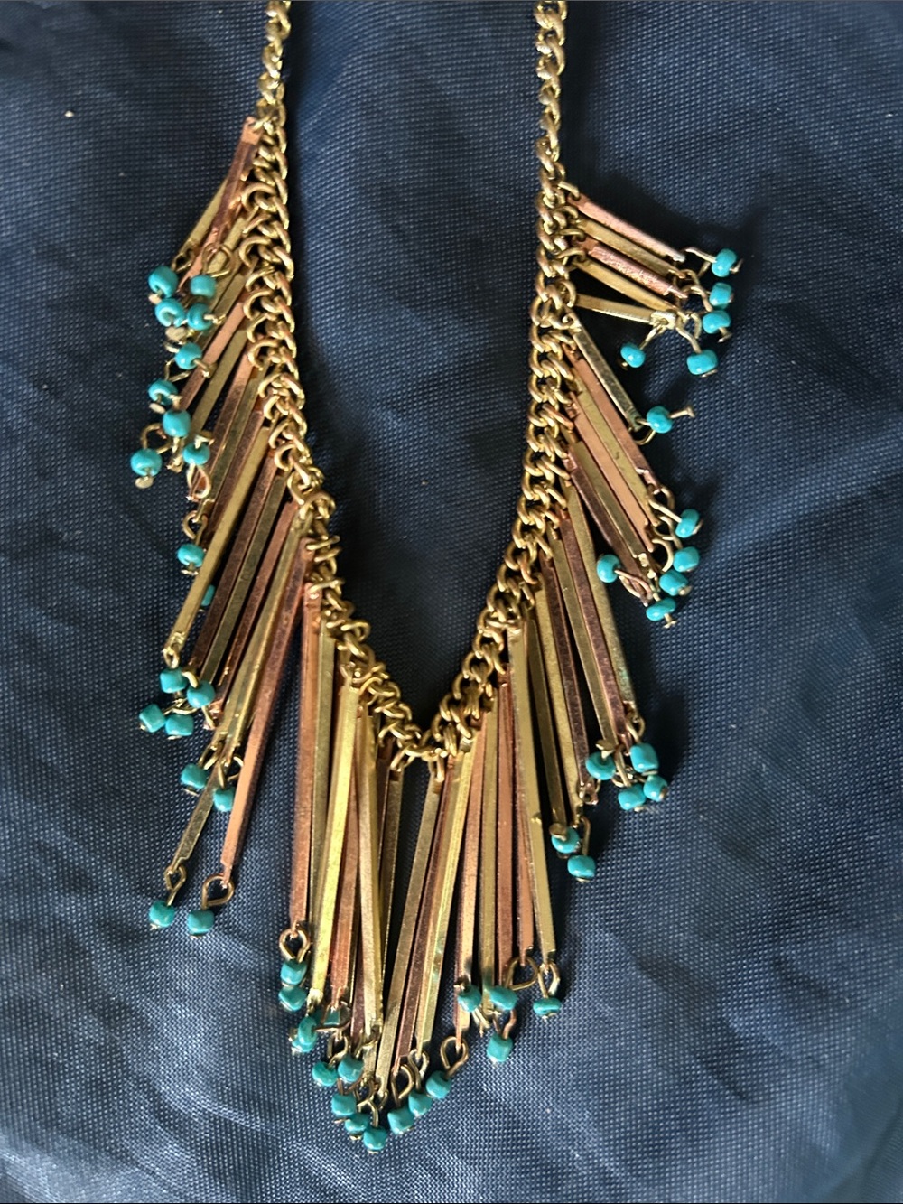 Gold Fringe Necklace with Turquoise Bead Accents